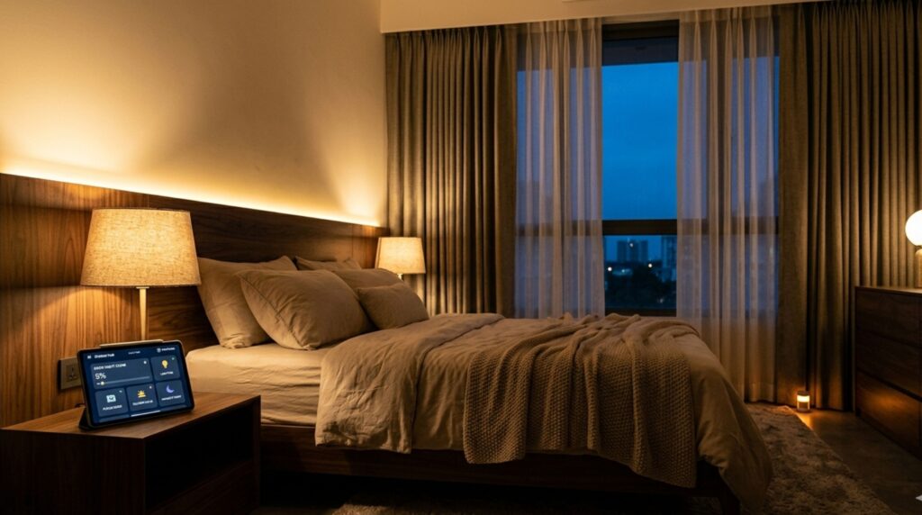 Bedroom with warm circadian lighting to help improve sleep quality  - using smart home automation
