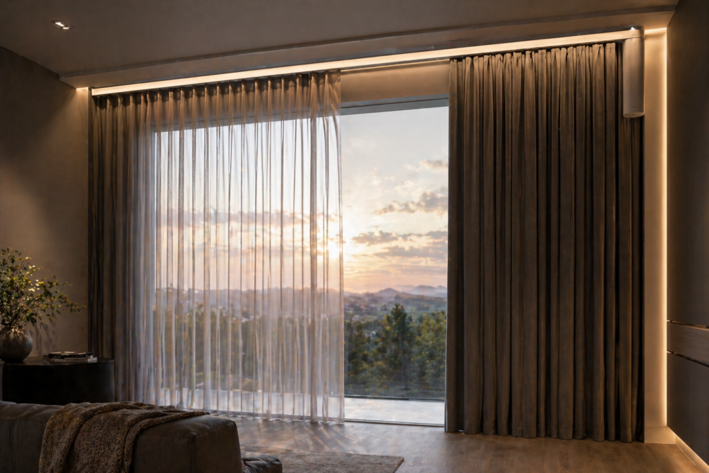 Motorized curtain tracks for smart home retrofit in luxury interiors