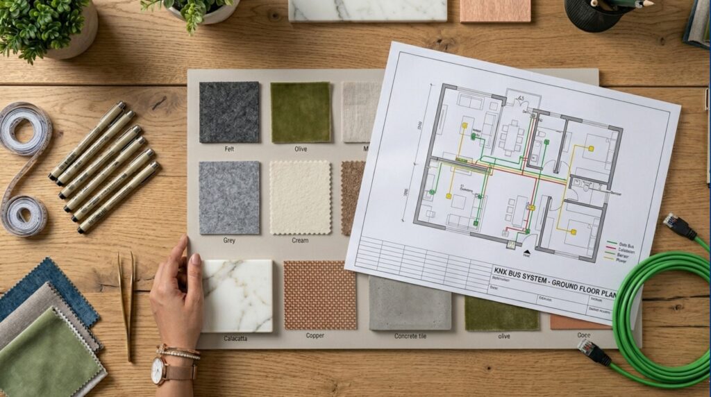 A mood board and technical blueprint showing the early-stage planning of smart home integration for interior designers for a home project.