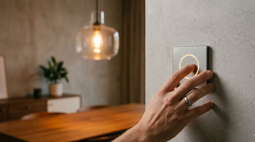 Close-up of a hand adjusting a sleek smart dimmer switch on a textured wall, reducing lighting to a low percentage for increased smart home energy efficiency.