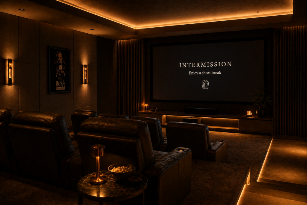 Automated intermission circadian lighting scene in a high-end smart home cinema.