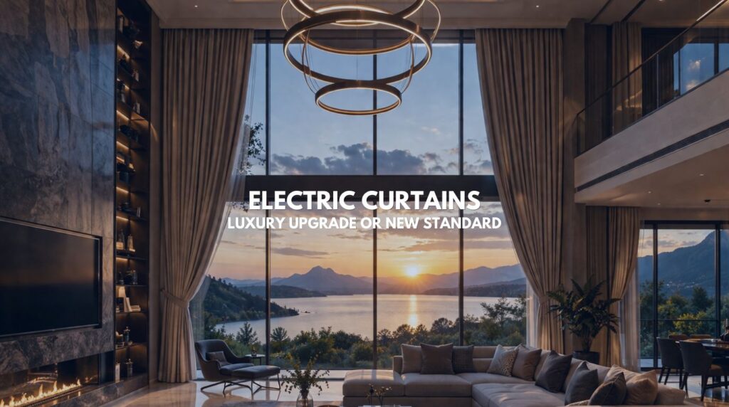 Luxury living room with electric curtains on double-height glass walls