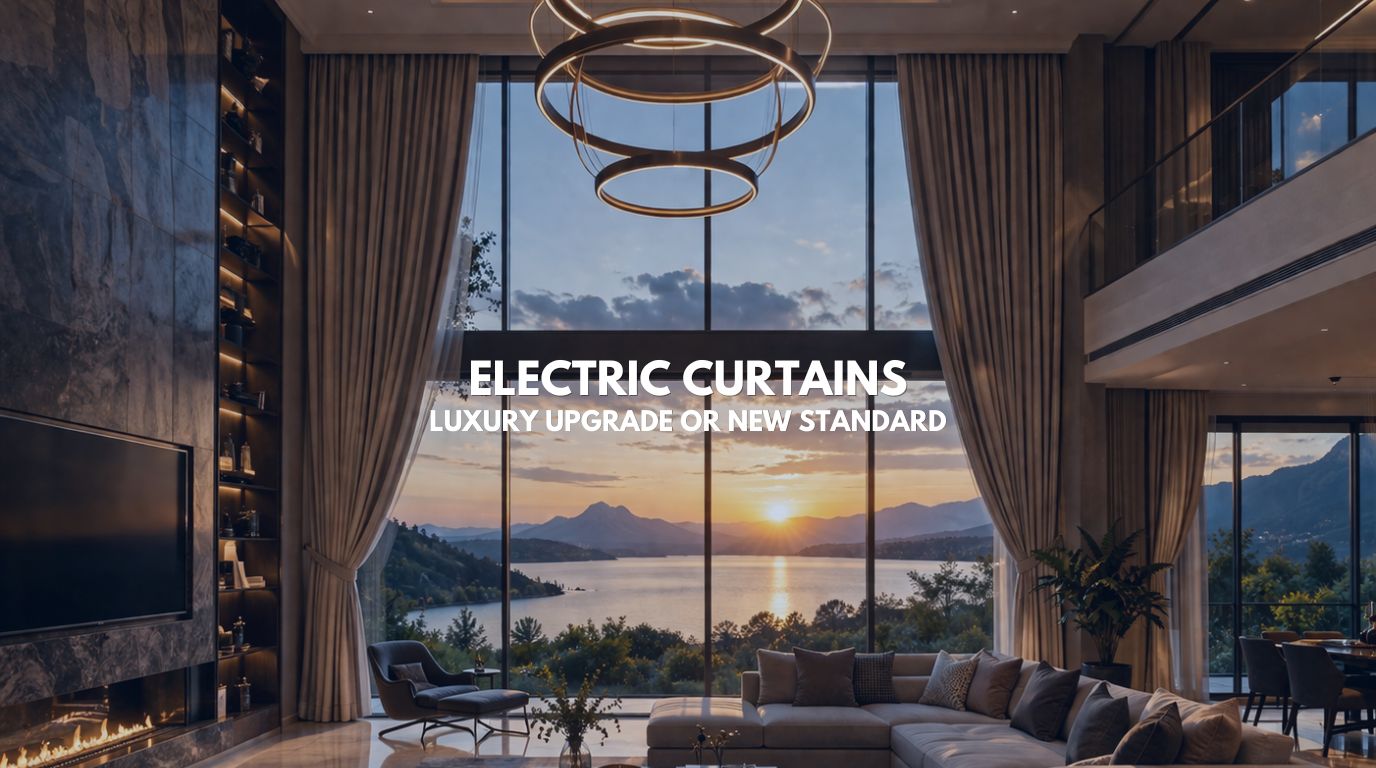 Luxury living room with electric curtains on double-height glass walls
