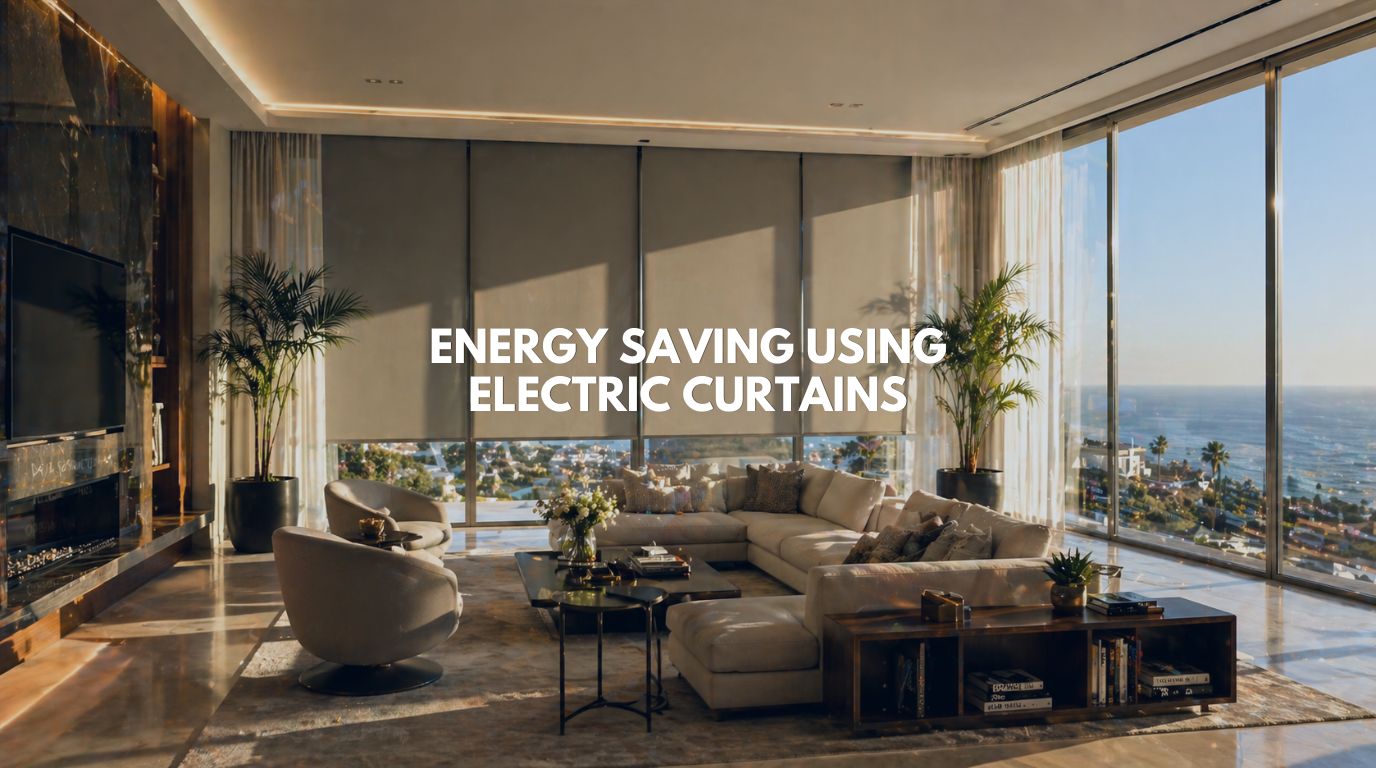 Energy-saving electric curtains closing automatically in a luxury sun-drenched living room