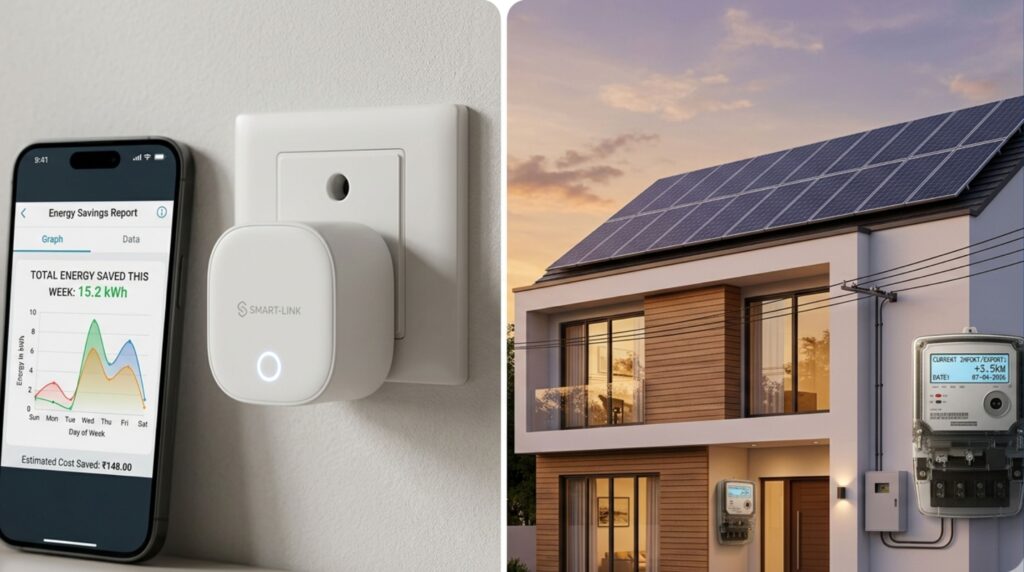 Smart plug and energy monitoring app showing electricity savings in an Indian household with home automation systems installed.