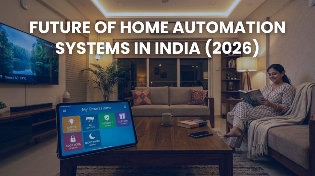 Modern smart home living room in India featuring smart home automation systems for lights and AC.