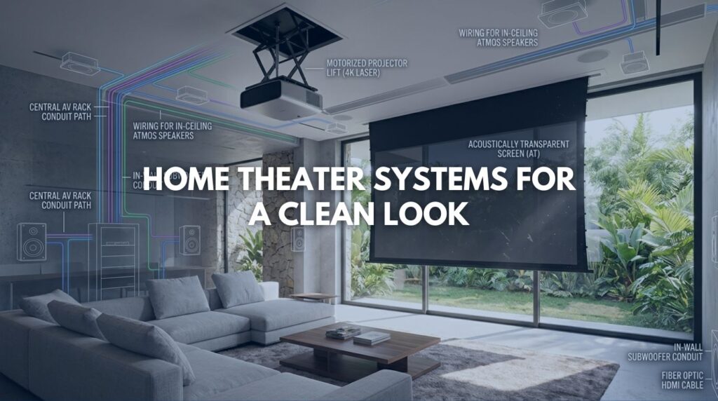 An invisible cinema setup featuring a hidden projector and screen for high-end home theater systems.