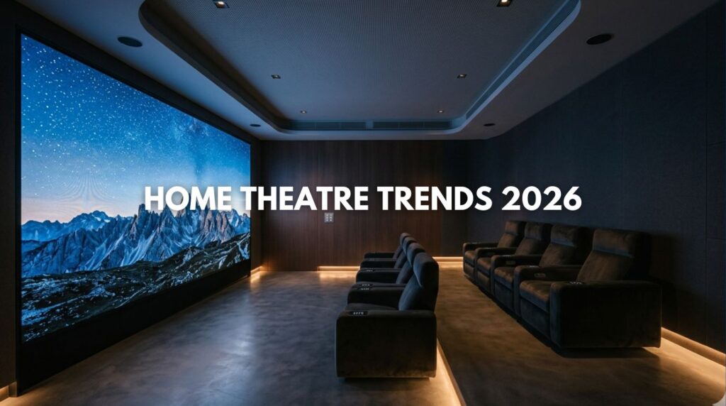Ultra-modern 8K Micro RGB LED wall in a luxury home theatre 2026 design, illustrating home theatre trends 2026