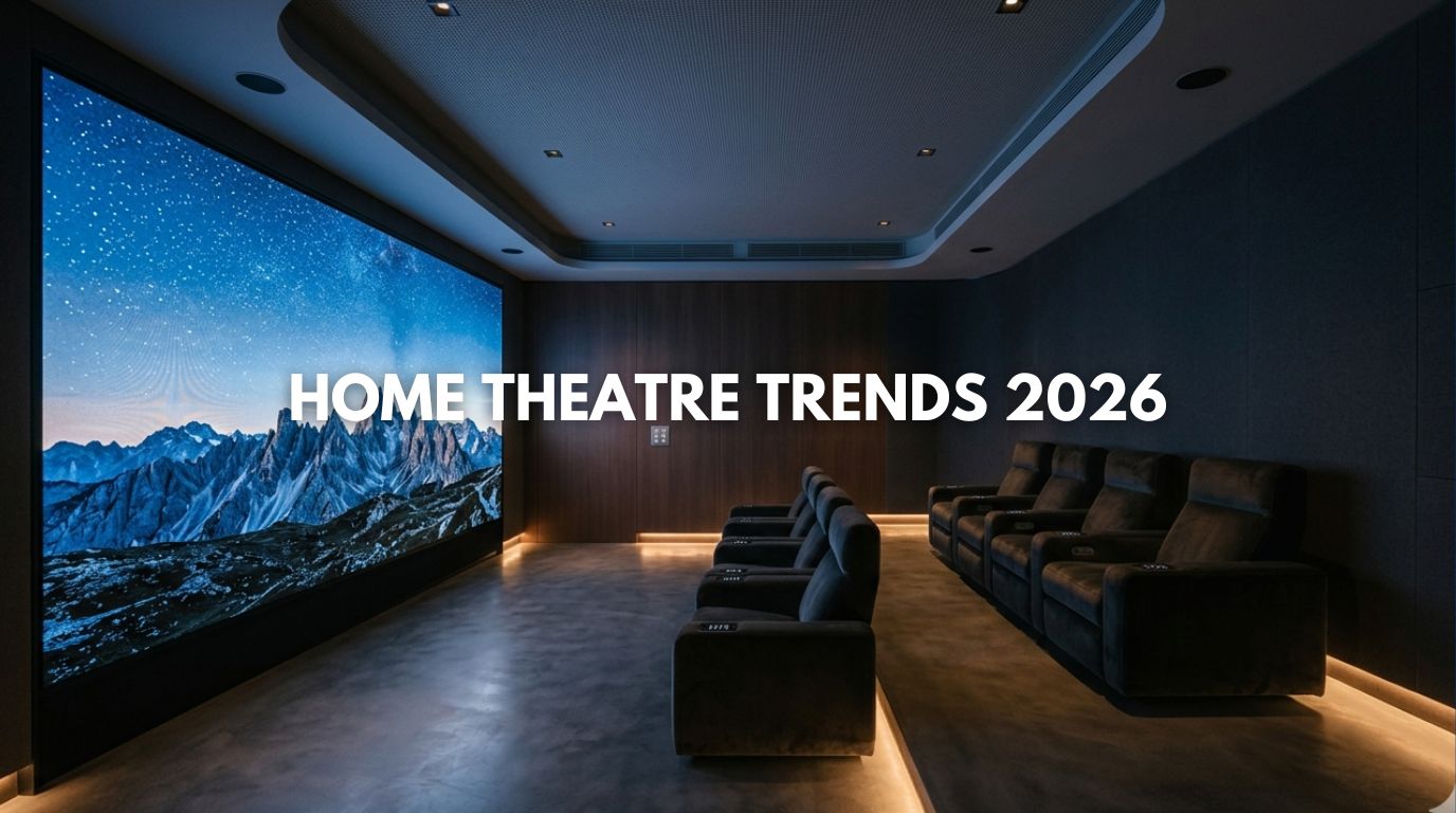 Ultra-modern 8K Micro RGB LED wall in a luxury home theatre 2026 design, illustrating home theatre trends 2026