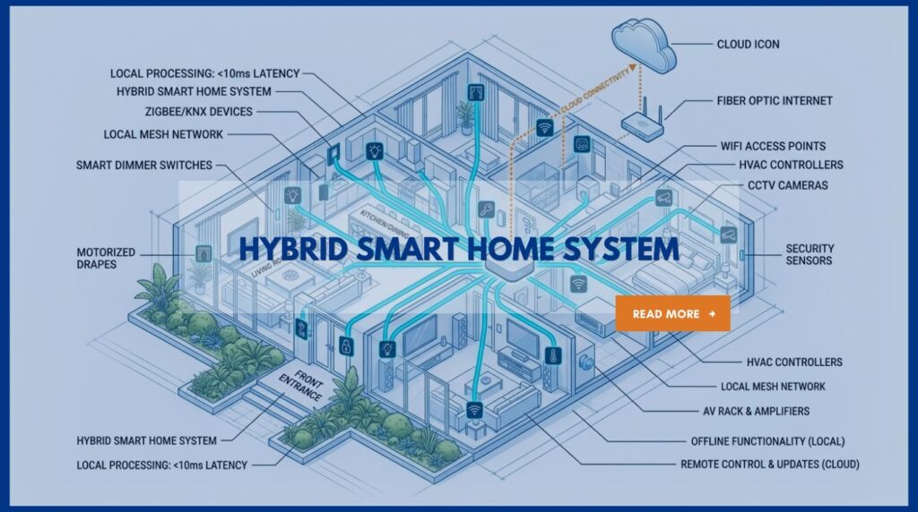 Diagram of a hybrid smart home system showing local hub processing and cloud connectivity.