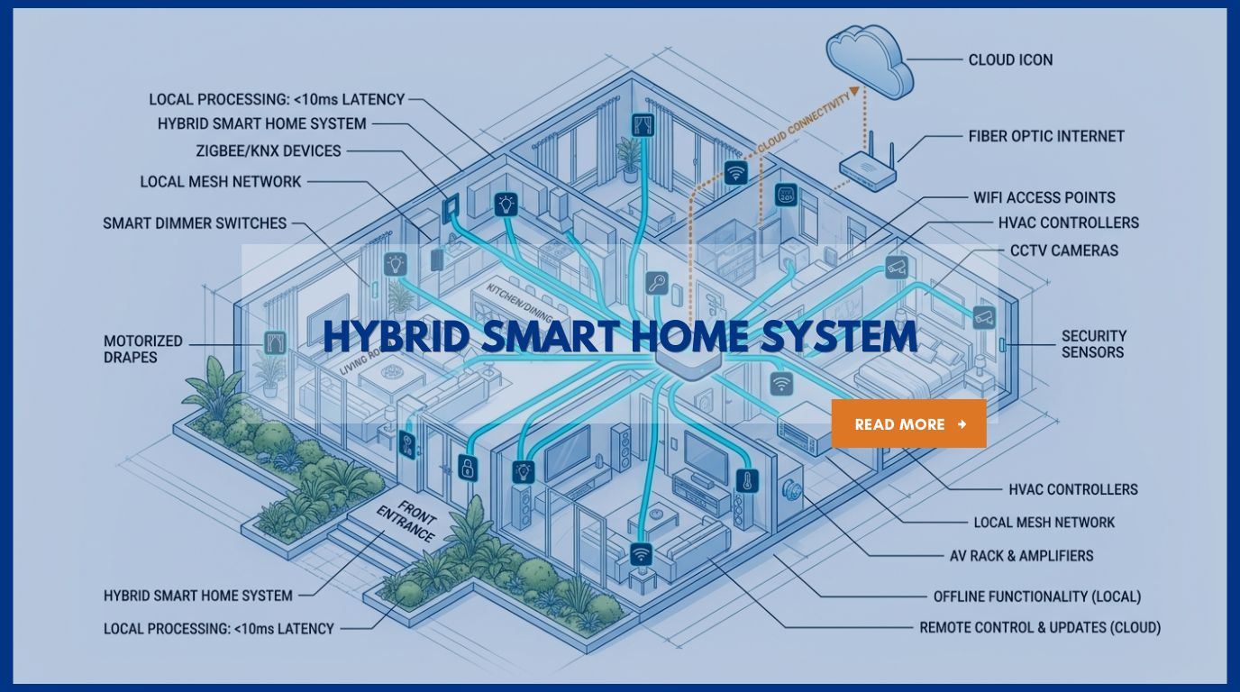 Diagram of a hybrid smart home system showing local hub processing and cloud connectivity.