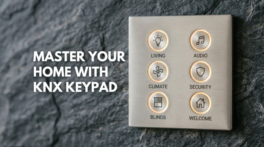 Minimalist KNX Keypad with illuminated buttons mounted on a luxury marble wall.
