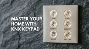 Minimalist KNX Keypad with illuminated buttons mounted on a luxury marble wall.