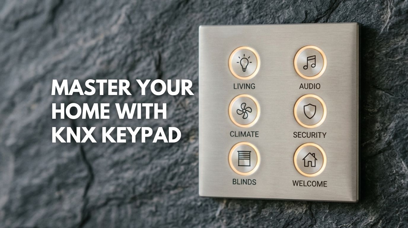 Minimalist KNX Keypad with illuminated buttons mounted on a luxury marble wall.