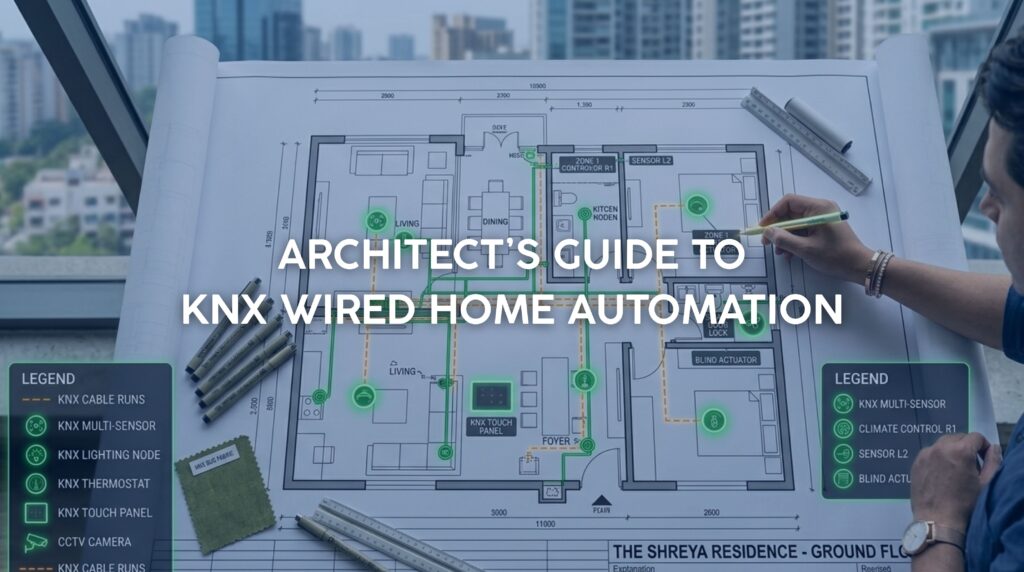 Blueprint showing integration of KNX wired home automation nodes and cabling for a luxury villa.