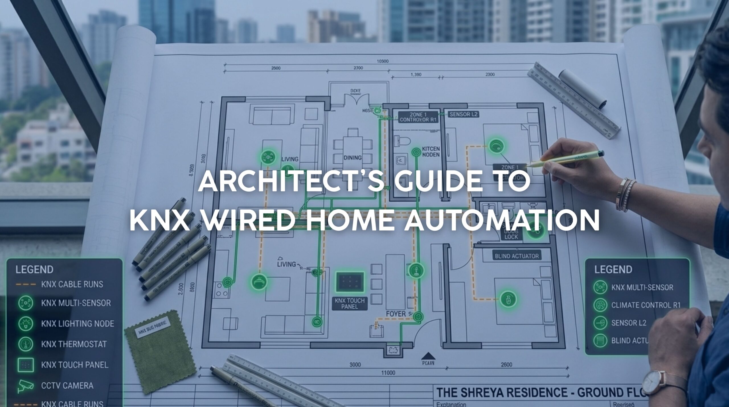 Blueprint showing integration of KNX wired home automation nodes and cabling for a luxury villa.