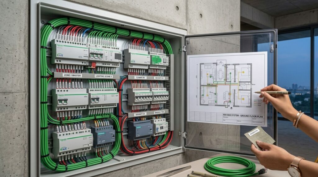 Professional wired KNX infrastructure installed during the construction of smart home automation for new villas. 