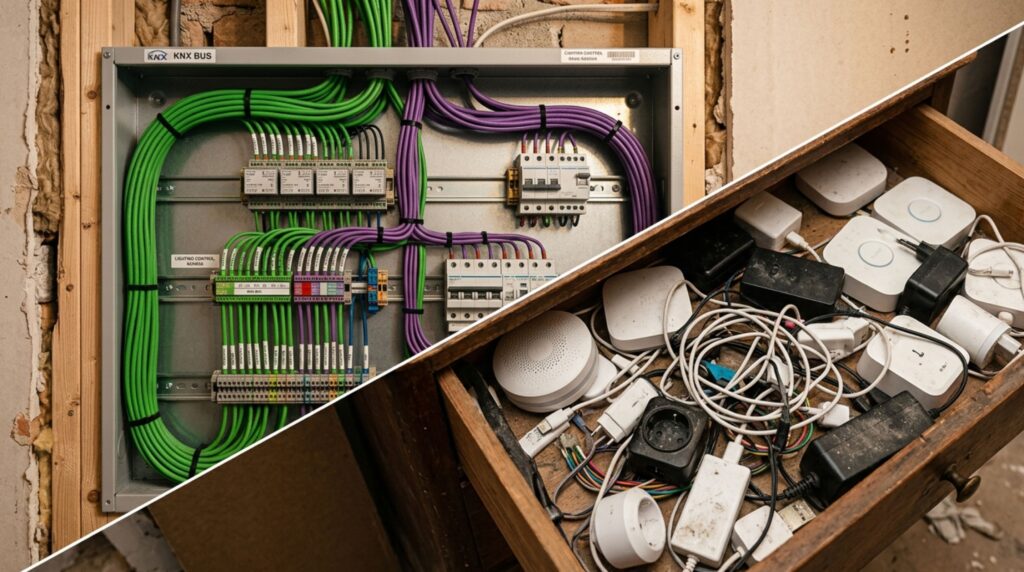 Professional wired home automation near me infrastructure installation using KNX standard cabling for maximum reliability.