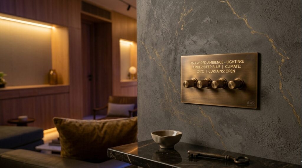 Premium KNX wiring hidden on a designer wall in a luxury modern villa.