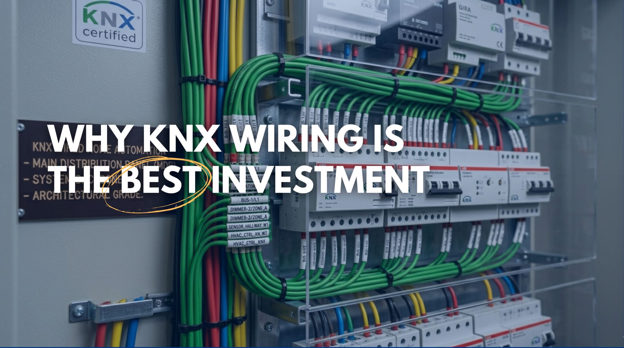 Professional KNX wiring installation featuring organized green bus cables in a luxury home electrical panel.