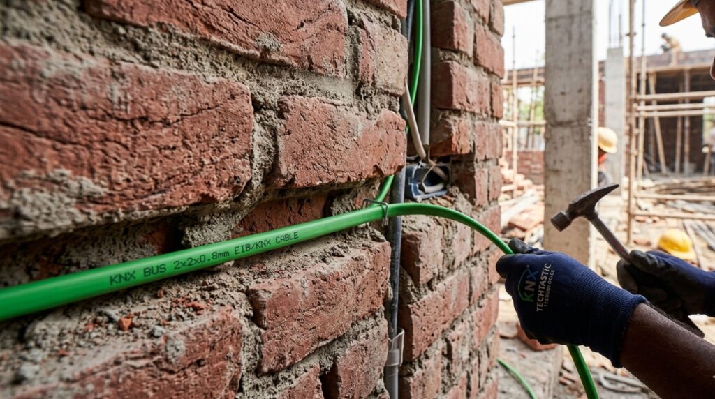 Professional installation of a green KNX cable in a new house construction for wired home automation.