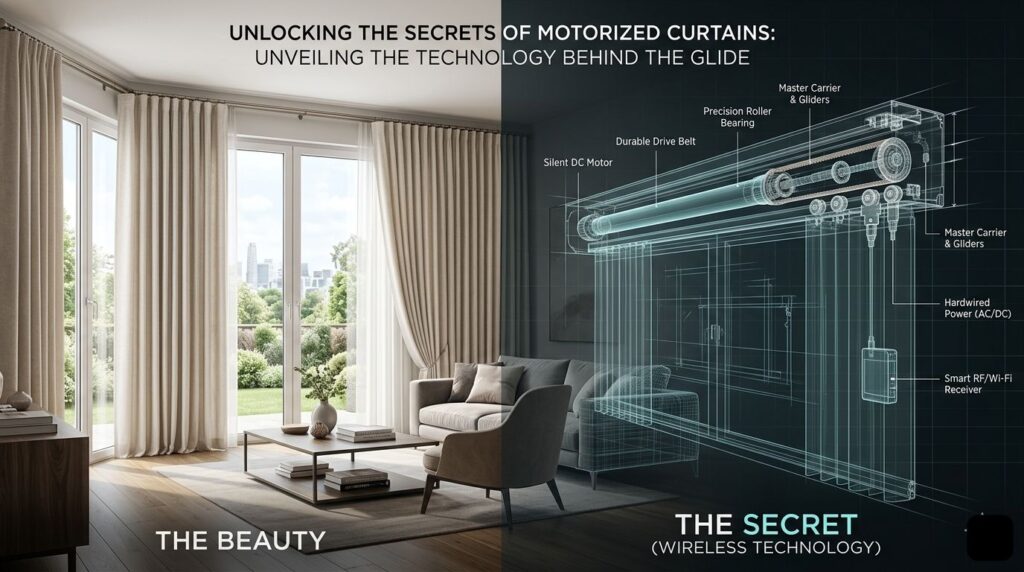 Modern interior with luxury remote control curtains and smart home automation overlay