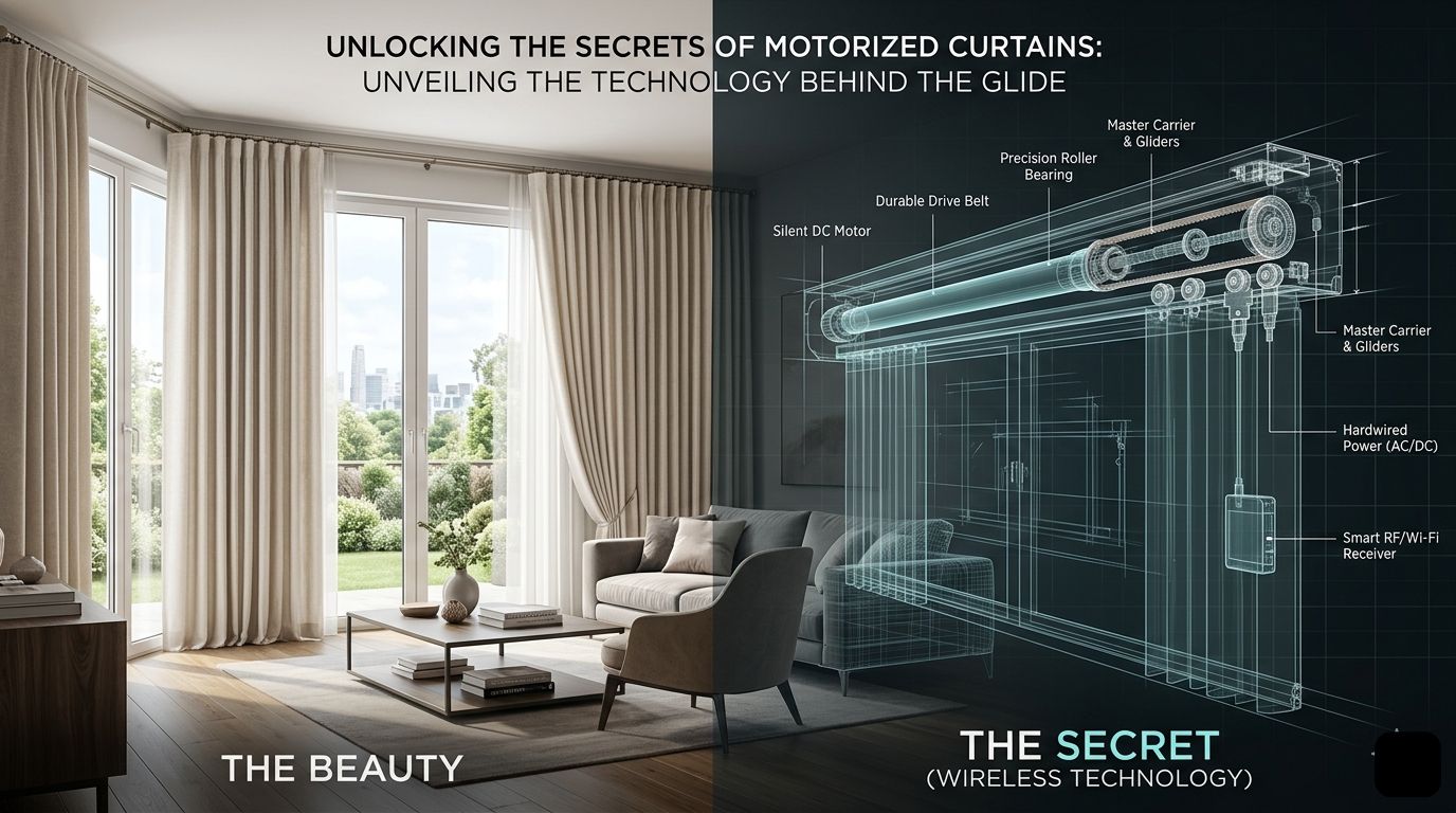 Modern interior with luxury remote control curtains and smart home automation overlay
