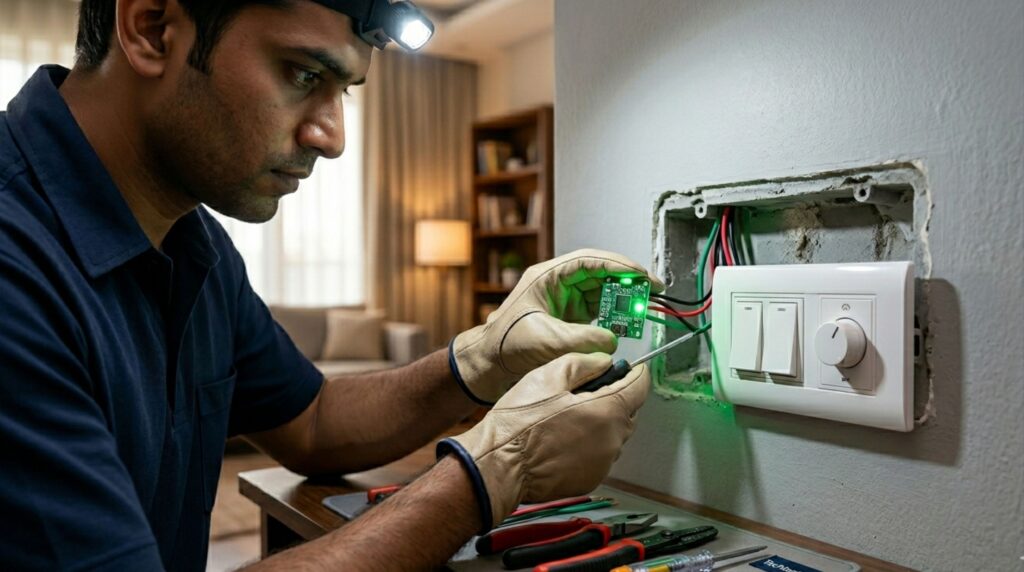 Installing a retrofit smart switch module behind an existing switchboard for easy home automation ideas.