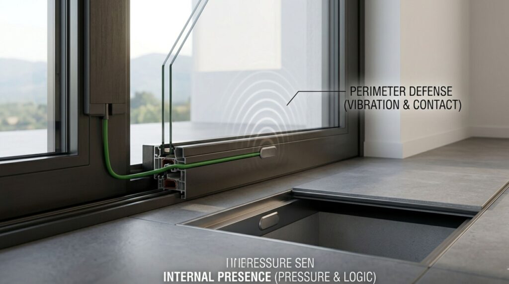 An integrated smart home security system using a cutaway of a modern window frame with an embedded flush vibration sensor connected by a green KNX wire, and a hidden sub-floor pressure sensor.
