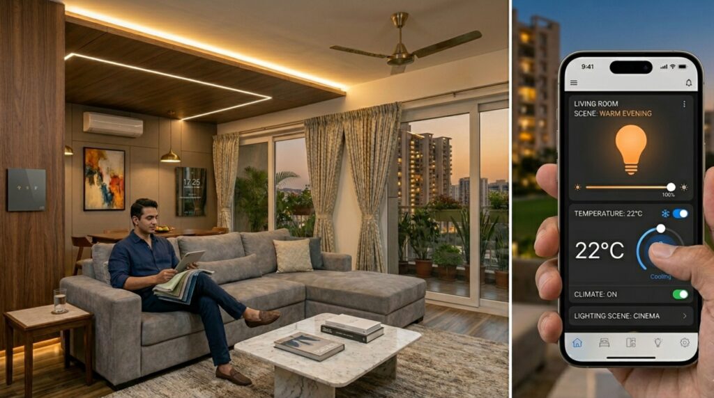 Interior design and climate control interface demonstrating smart home automation for new villas.