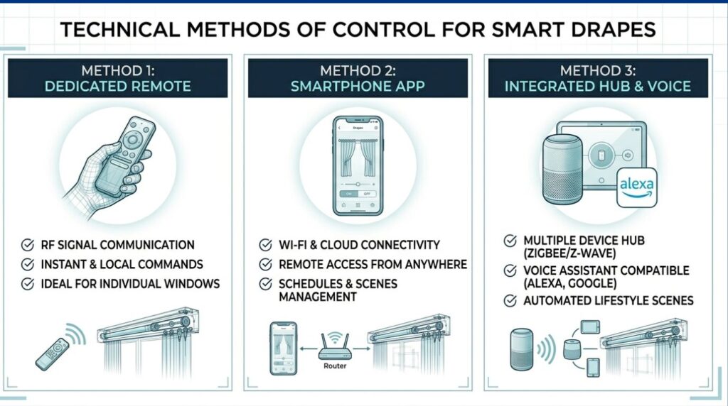 Diagram comparing Radio Frequency (RF), Infrared (IR), and Wi-Fi control methods for remote control curtains