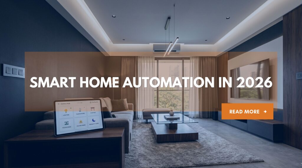 Image shows a smart home living room with minimalist lighting and integrated automation.