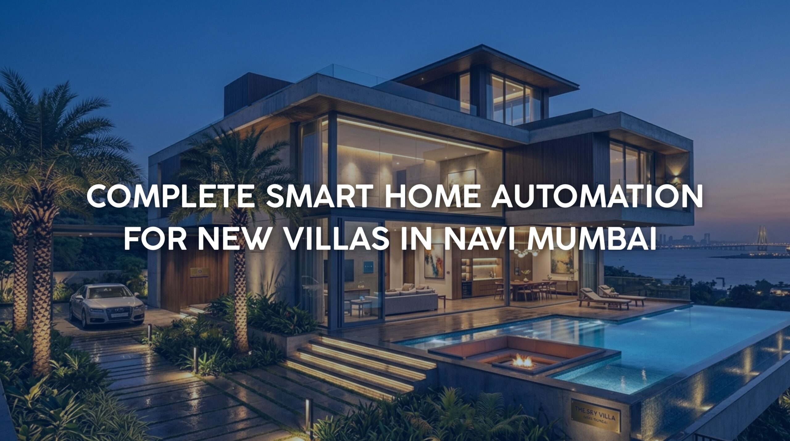 Exterior of a modern luxury property featuring smart home automation for new villas in Navi Mumbai with automated lighting.