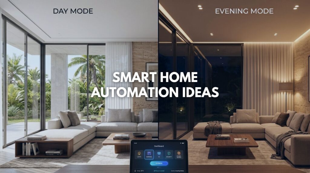 Innovative smart home automation ideas for a seamless transition from day to night scenes.