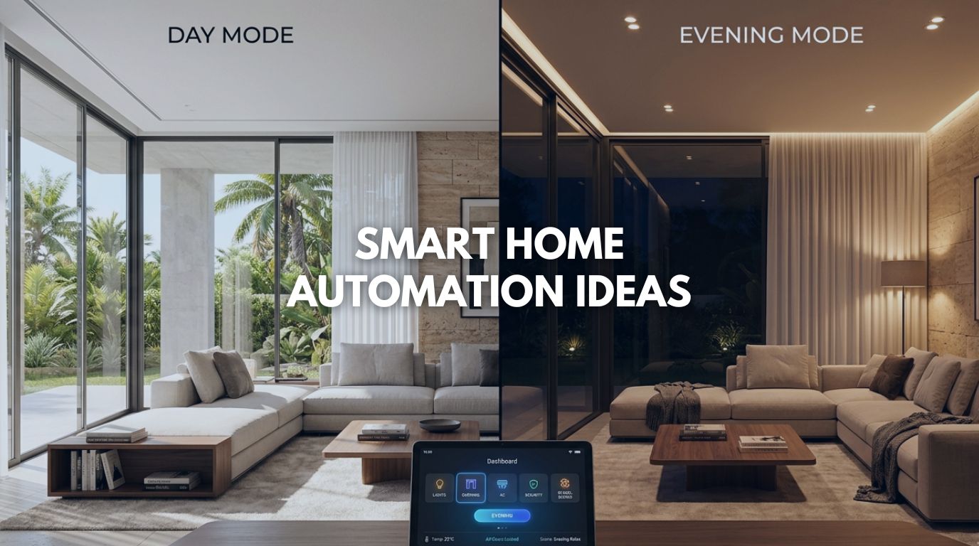 Innovative smart home automation ideas for a seamless transition from day to night scenes.