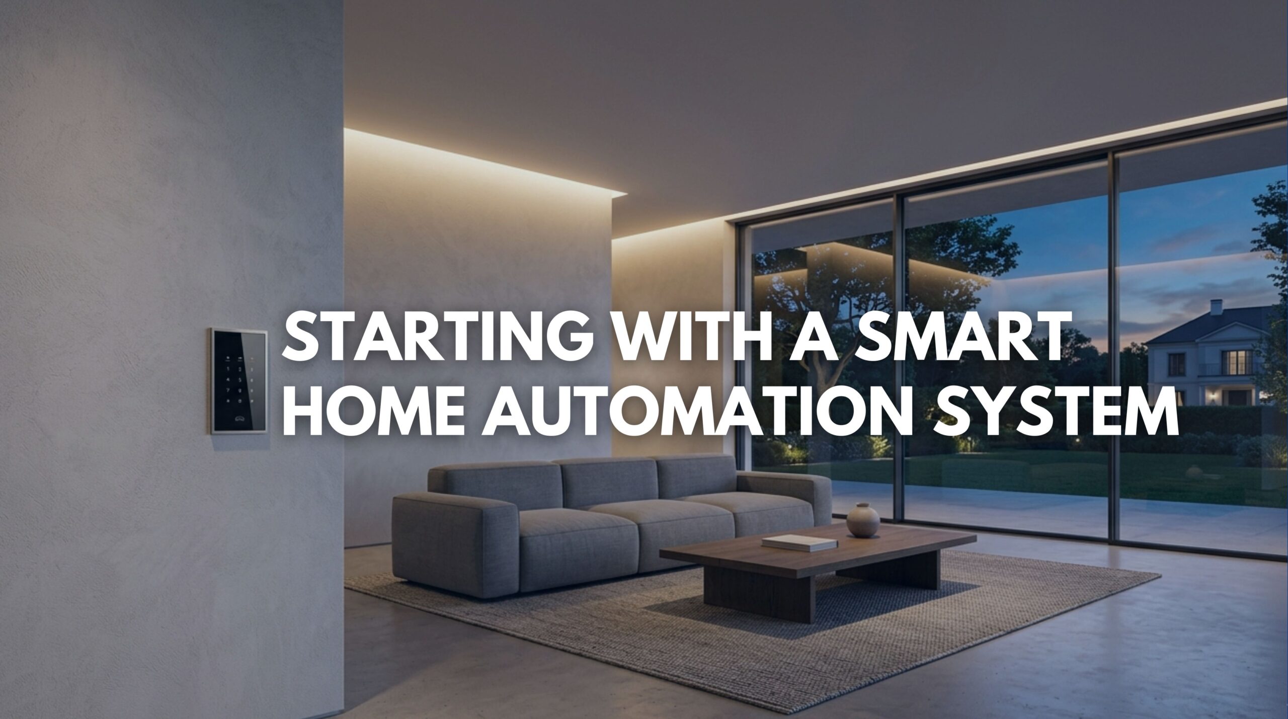 A calm, professionally automated luxury living room demonstrating a smart home automation system.