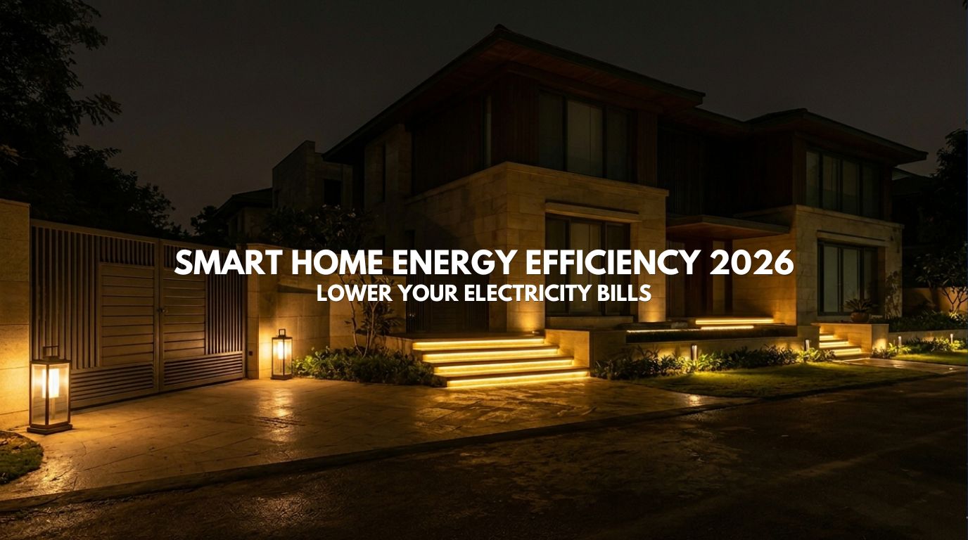 Exterior of a contemporary Indian luxury villa at night, illuminated by soft ground-level path lights and garden uplighting, demonstrating passive smart home energy efficiency.