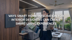 A luxury living room showing seamless smart home integration for interior designers featuring a color-matched panel and automatic ambient lighting.