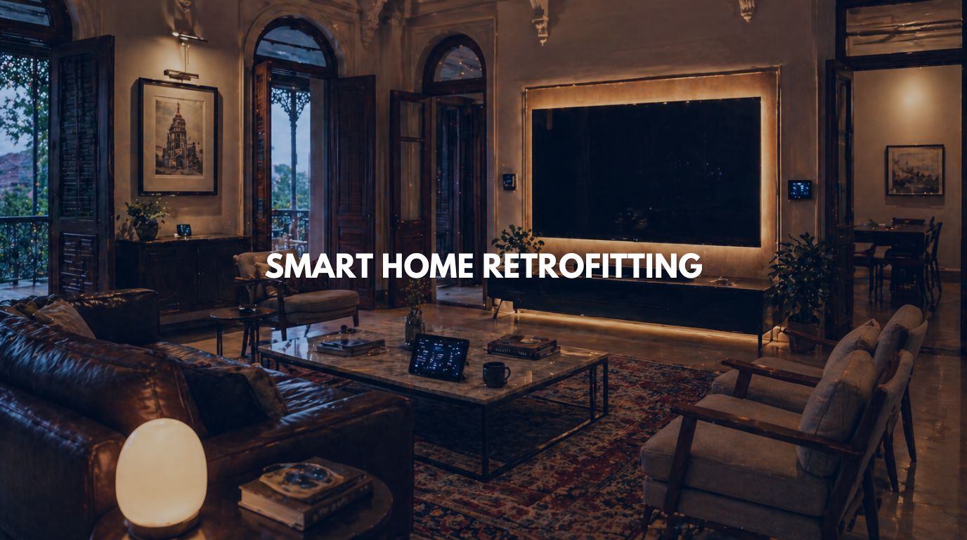 Smart home retrofit living room with integrated lighting and automated curtains