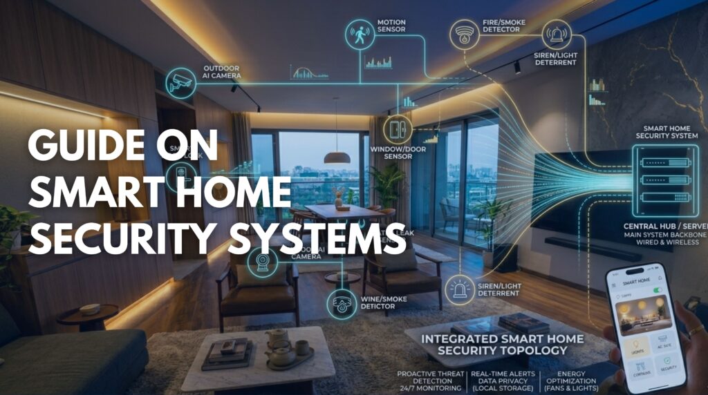 Diagram of complete smart home security systems showing cameras, sensors, and locks connected to a smartphone app.