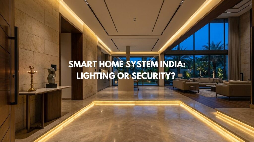 A welcoming evening foyer scene in a luxury contemporary Indian villa, demonstrating the smart home system "Welcome" lighting scene.