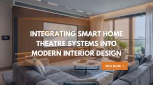 A luxury interior featuring smart home theatre systems integrated into a modern architectural wall unit.