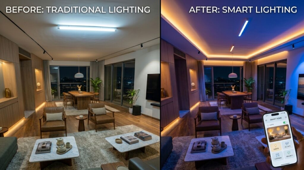 Comparison of traditional home lighting versus smart RGB LED lighting scenes for mood setting - highlighting best home automation products