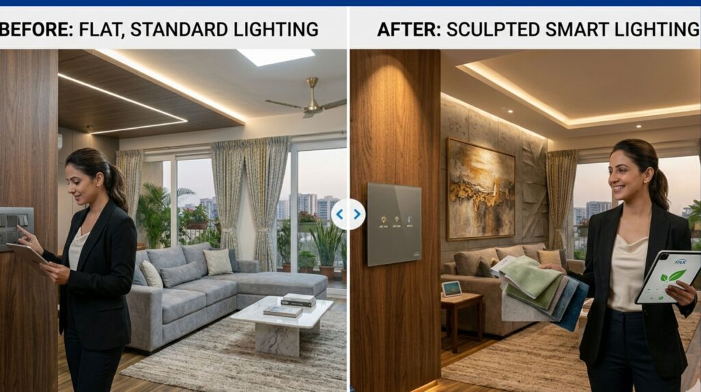 Comparison of standard lighting versus automated lighting scenes made possible through smart home integration for interior designers