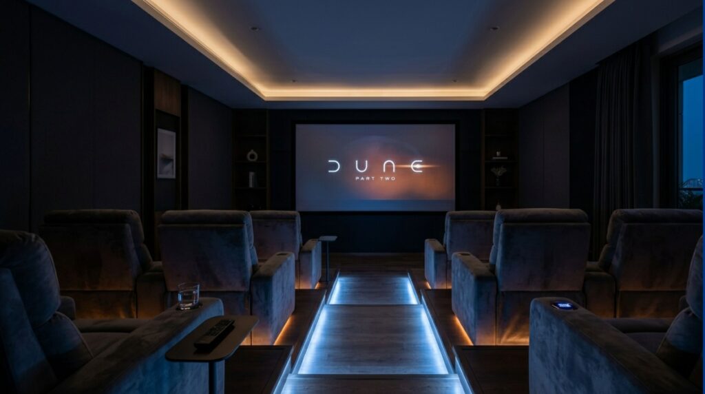 Automated cinema lighting scenes in smart home theatre systems demonstrating ambient floor-level LED integration.