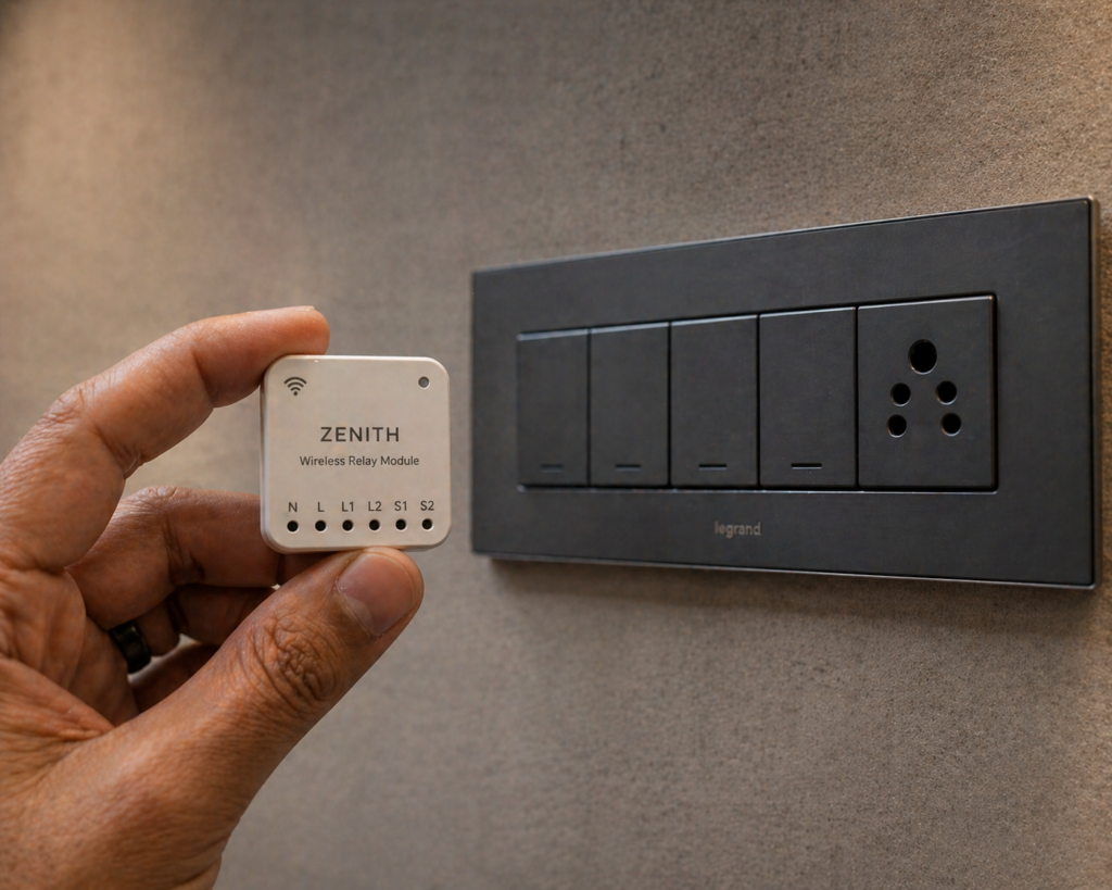 Invisible smart home retrofit module placed behind a standard electrical switch