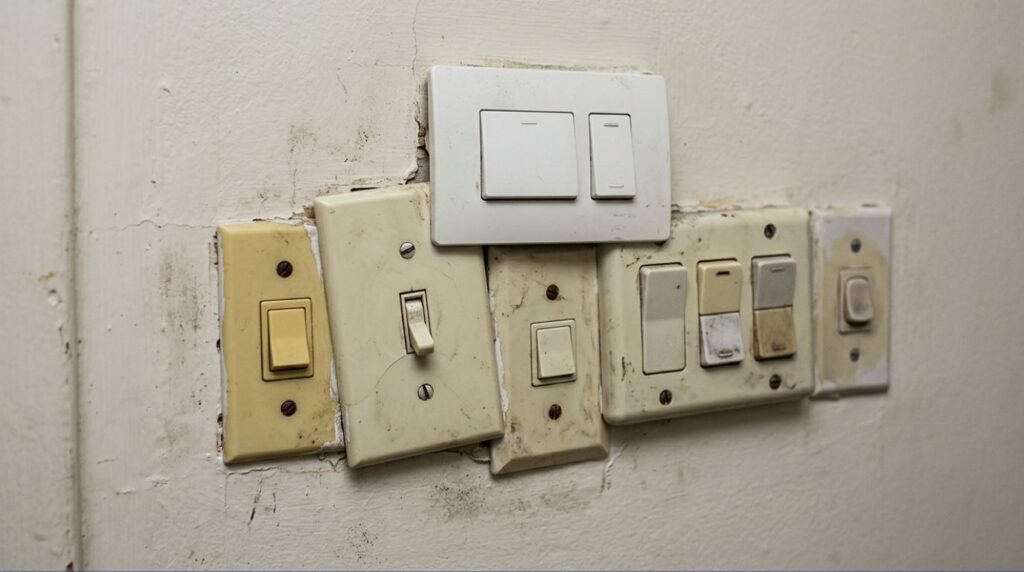 Example of a cluttered switch graveyard with mismatched traditional plastic light switches.