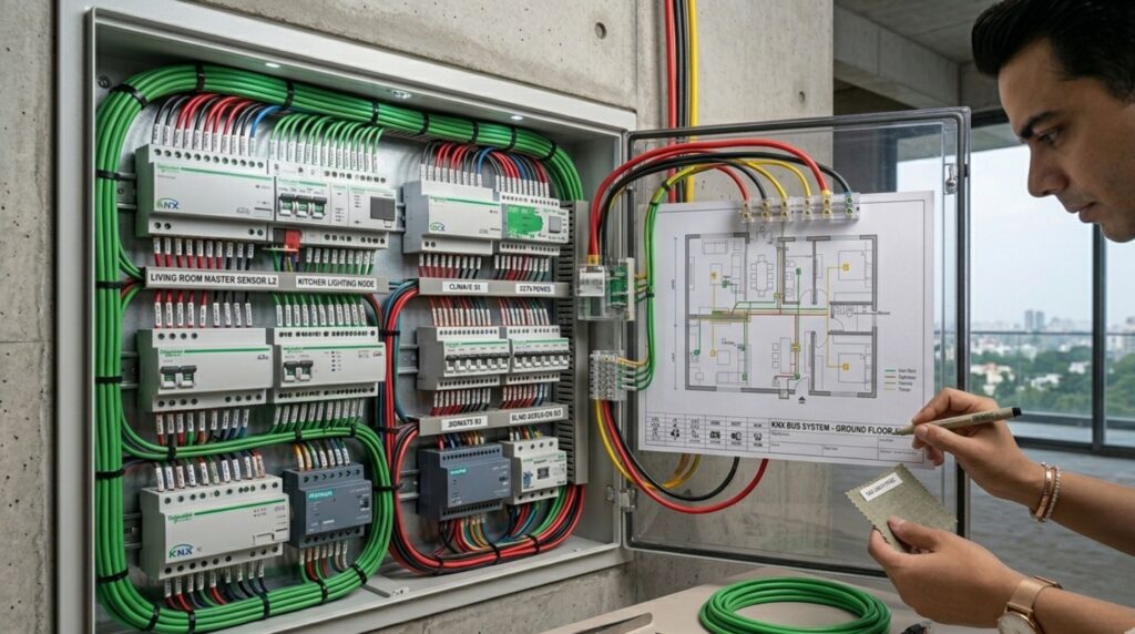 Professional installation of a KNX wired home automation distribution board during the construction phase of a smart home.