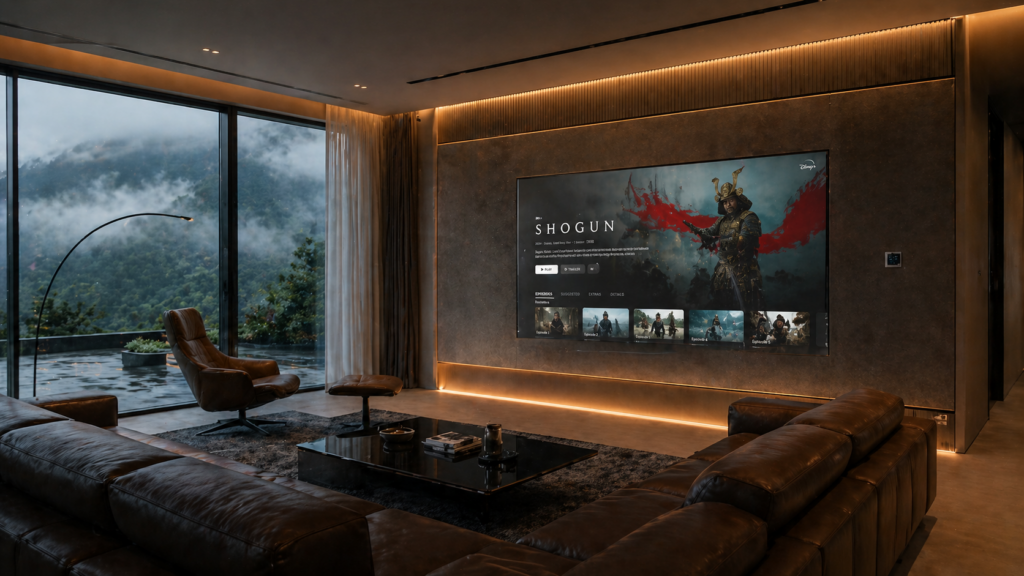 Modern invisible cinema in a Lonavla luxury villa using wired home theaters for a clean, speakerless design.