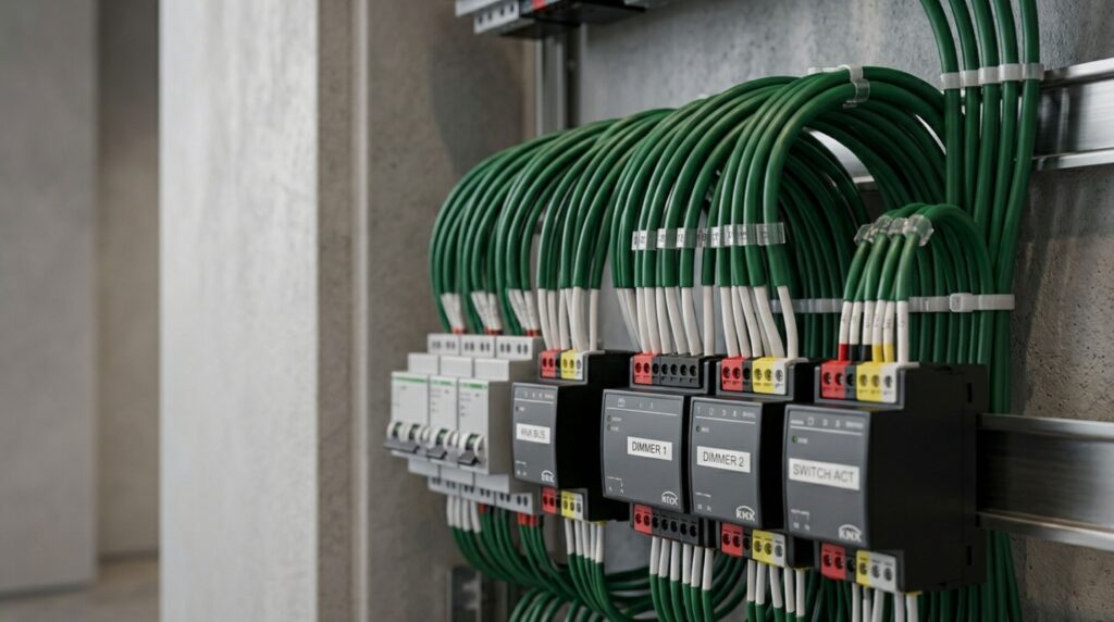 Neatly managed green KNX cables within an electrical panel, representing a professional wired smart home automation system.